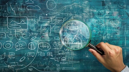 Hand-drawn focus on customer icon under magnifying glass, strategy concept, clear doodle, light contrast - obrazy, fototapety, plakaty