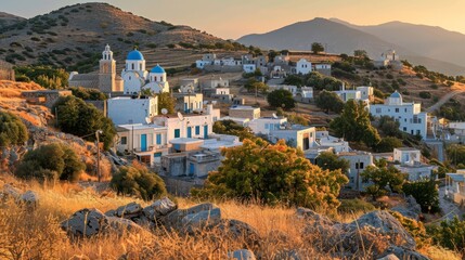 Travel photo of a picturesque coastal village seen from a hilltop, with white-washed houses and blue domes, embodying the Mediterranean summer, in the late afternoon light - obrazy, fototapety, plakaty