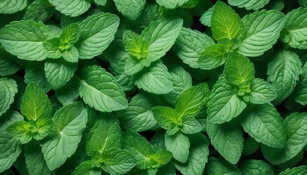 Mint leaves background. Green mint leaves pattern. Top view nature background with spearmint herbs