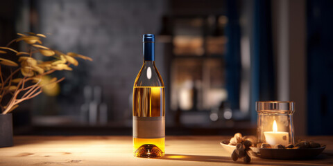 A bottle of wine sits on a table, evoking a cold and detached atmosphere in outdoor scenes. - obrazy, fototapety, plakaty