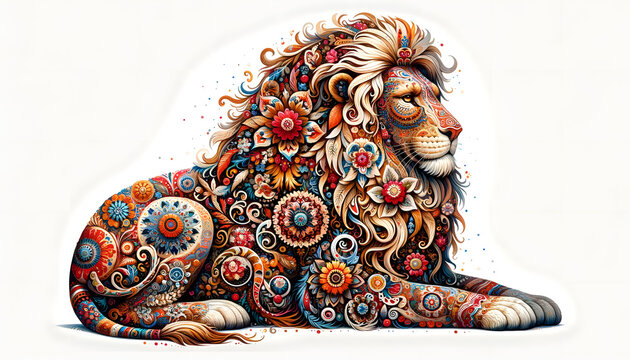 A beautiful lion painted in the folk art style, adorned with traditional ornaments and flowers, set against a white background