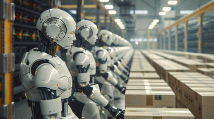 Future of manufacturing. Deserted factory floors with autonomous robots. Job displacement by AI. Impact of sovereign AI. Robots work in abandoned factories, signaling a shift in the future workforce. - obrazy, fototapety, plakaty