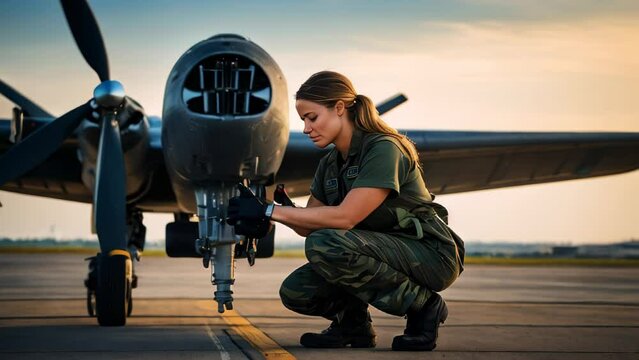 female military aircraft mechanic repairing a combat plane