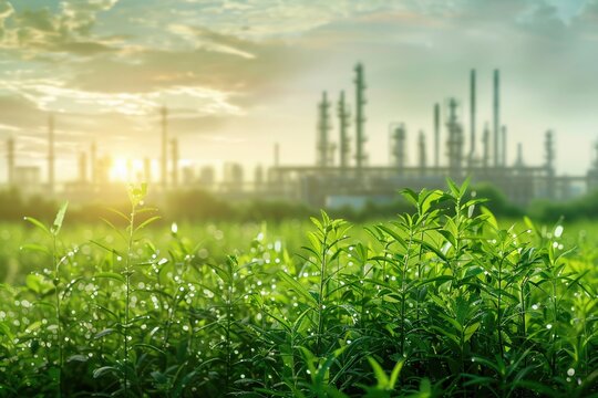 Factory landscape with green buffer zone, close up on the eco area, realistic style, serene sky