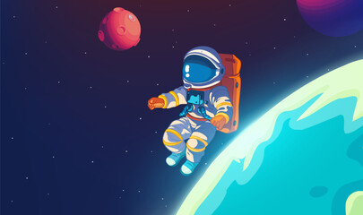 A horizontal illustration of astronauts exploring space with stars and planets in the background