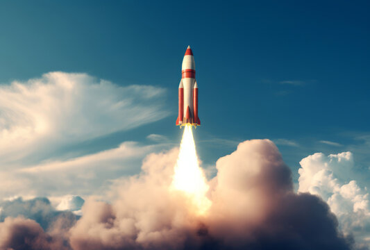 A rocket takes off from the clouds, its photorealistic renderings, cross-processing/processed, precisionism influence, humanistic approach apparent.