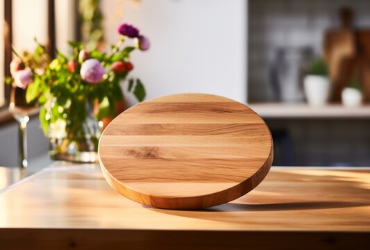 A wooden board sits on the countertop, its circular shapes, soft edges, blurred details, and exacting precision apparent.