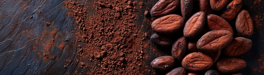 Detailed cacao shot, close-up photo, upper empty space for design