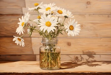 An oil bottle with daisy flowers in it sits on a wooden table, its light brown and white colors, multi-layered appearance, and soft edges apparent.