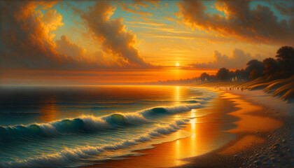 A digital painting depicting a tranquil beach scene at sunset. The artwork features soft, warm sunset light casting a golden glow over the scene