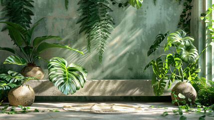 Botanical background for product display, fresh green foliage, natural style with tropical plants
