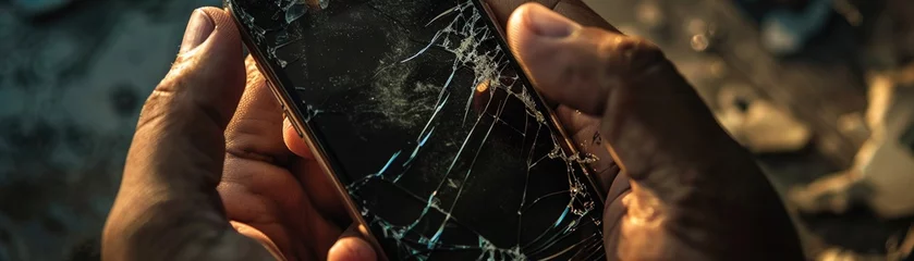 Foto auf Acrylglas Closeup on hands holding broken smartphone, symbolizing techs impact on relationships, dim light © auc
