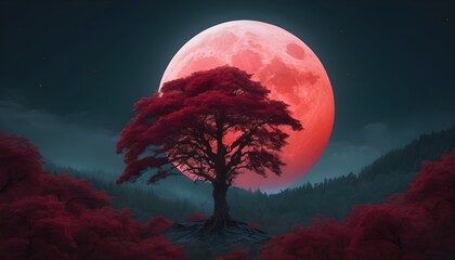 A breathtaking view of a tranquil forest bathed in the surreal glow of a crimson moon, with a lone, majestic tree standing as a sentinel of the night. - obrazy, fototapety, plakaty