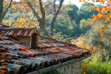 Warm autumn scene showcasing colorful leaves on a rustic tiled roof with a quaint birdhouse