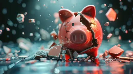 Fotobehang Closeup on a shattered piggy bank, metaphor for financial crisis, realistic style, space around © auc