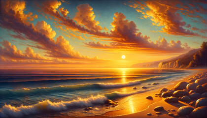 The digital painting capturing the tranquil beach scene at sunset. The wide view highlights the serene atmosphere and the beautiful interplay of colors at dusk - obrazy, fototapety, plakaty