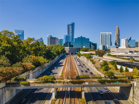 Buckhead GA cityscape looking from overpass walking bridge