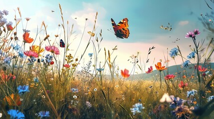 Sunlit Meadow: A Vibrant Display of Colorful Wildflowers and Butterflies Under a Clear Blue Sky
