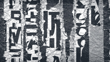 Collage of torn street posters. Abstract halftone lettering background. vector illustration	