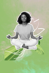 3D photo collage trend artwork composite sketch image of young keep calm lady do training yoga exercise chakra positive vibes outdoors