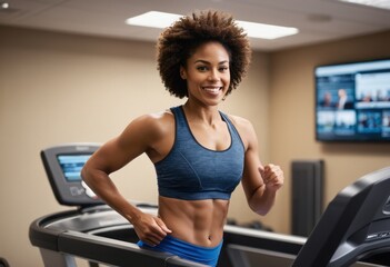 A happy woman uses a treadmill at the gym. She exudes joy and energy during her cardio workout. - obrazy, fototapety, plakaty