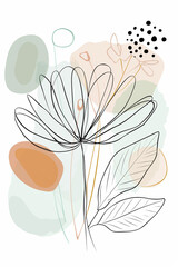 Abstract floral line art illustration. Contemporary minimalist line drawing of flowers with abstract shapes and pastel colors