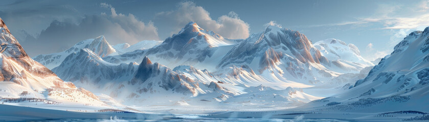 Tundra landscape with snow-covered mountains and frozen lakes. - obrazy, fototapety, plakaty