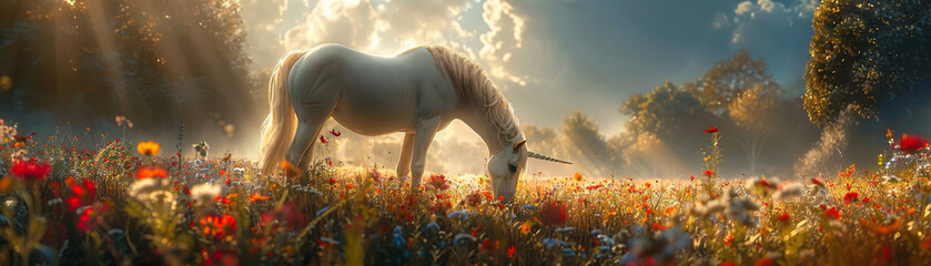 A mystical unicorn grazing in a field of wildflowers.