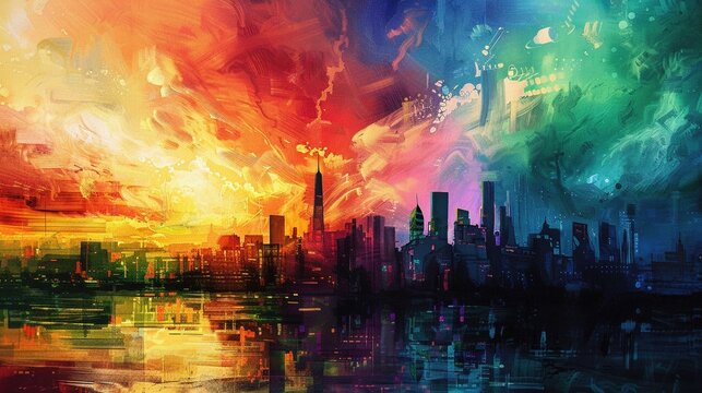 Bright future city skyline, oil paint, colorful skyscape view