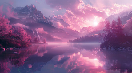Create an ethereal landscape set in a dreamy world with hints of maroon hues.