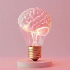 3D light bulb, brain of luminous rays, on pastel, for enlightenment metaphor, gentle light