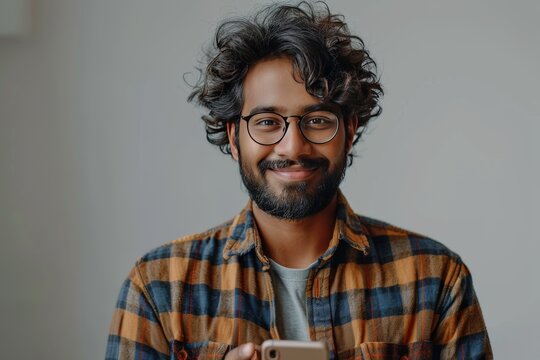 Creative Advertising Concept: Happy Indian Man with Smartphone on White Background generative ai