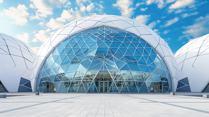 futuristic building with white roof and blue sky - obrazy, fototapety, plakaty