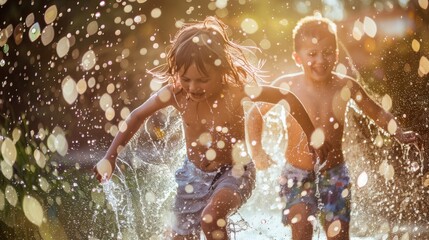 Children gleefully play in a sprinkler on a sunny day, evoking joy and nostalgia, ideal for family, lifestyle, and summer campaigns.