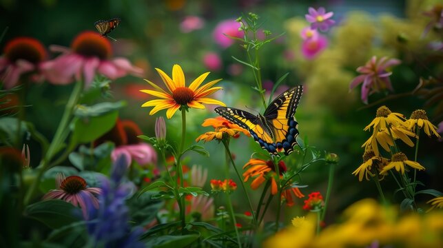 Photo of a summer garden in full bloom, with a variety of flowers and a butterfly, showcasing the natural beauty and colors of the season, vibrant and detailed