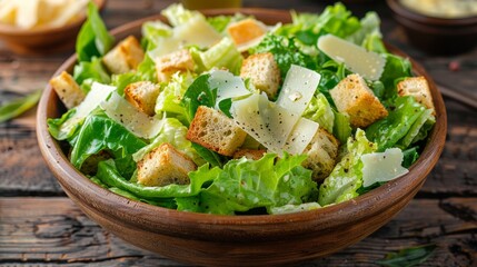 Green Caesar Salad with Croutons and Shaved Parmesan in Wooden Bowl

 - obrazy, fototapety, plakaty