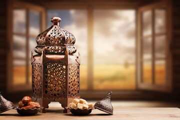 Ramadan greeting lantern on night desk - 770702151