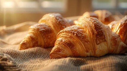 Golden Brown Croissants on a Burlap Cloth with Morning Sunlight

