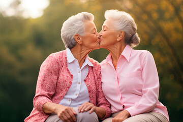 Two elderly women kiss on the lips while sitting in the park, outdoors, lesbians, LGBT, nature - obrazy, fototapety, plakaty