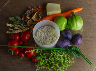 Food plate vegetables, rice and cheese. Healthy food for making soup. Macrobiotic foods.