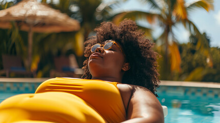 Black plus size woman in orange swimsuit sunbathing by pool on sunny day. Concept happy fullness. Enjoying a vacation. - obrazy, fototapety, plakaty