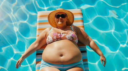Peaceful plus size woman in sunglasses sunbathing poolside in swimsuit. Concept happy fullness.