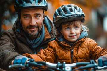 A close-up of a father and child wearing helmets, ready for a bike adventure