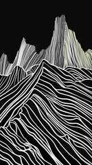 Digital illustration of stylized mountains using white lines on a black background, creating a mesmerizing 3d effect