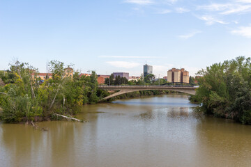 Fototapeta na wymiar The Pisuerga river in Valladolid, Spain. Trees, bridge, blue sky.