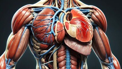 A close up of a human body with the heart and lungs clearly visible