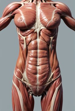 A woman's body is shown in detail, with the muscles of her arms and legs visible