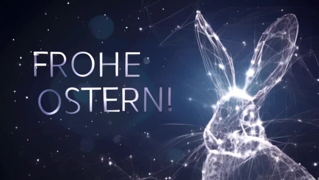 Futuristic digital Easter card concept with german text Happy Easter. Cute cyber Easter bunny