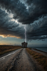 a small wooden house on the ocean, a stormy sky, lightning hits right into the house