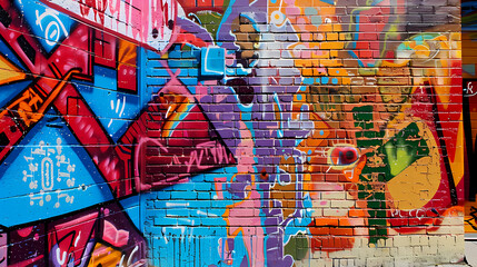 Fototapeta premium Colorful red yellow and blue graffiti on a brick wall.